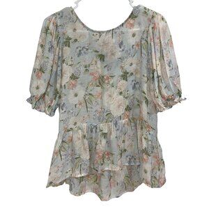 Mine Women’s Floral Puff Sleeve Peplum Blouse Sz L Soft Cottagecore Coquette Top